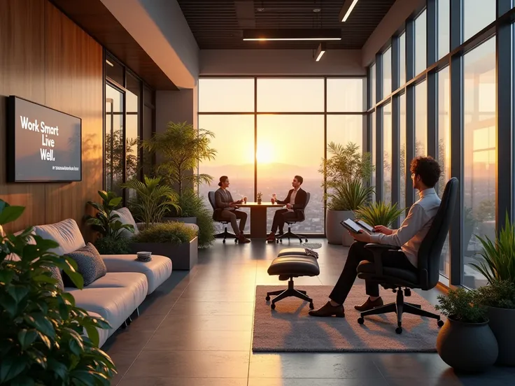 A beautiful, open-concept hybrid workspace with a mix of professional productivity and relaxation. The scene includes:

A modern glass office with warm lighting, where an employee is on a video call with colleagues while sitting on a cozy ergonomic chair.
...