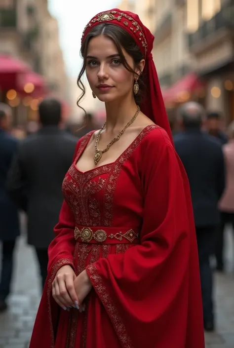 a beautiful young woman in traditional ottoman turkish clothing, long red dress, red headpiece, standing in istanbul city street with people, detailed face and eyes, cinematic lighting, highly detailed, photorealistic, 8k, studio quality