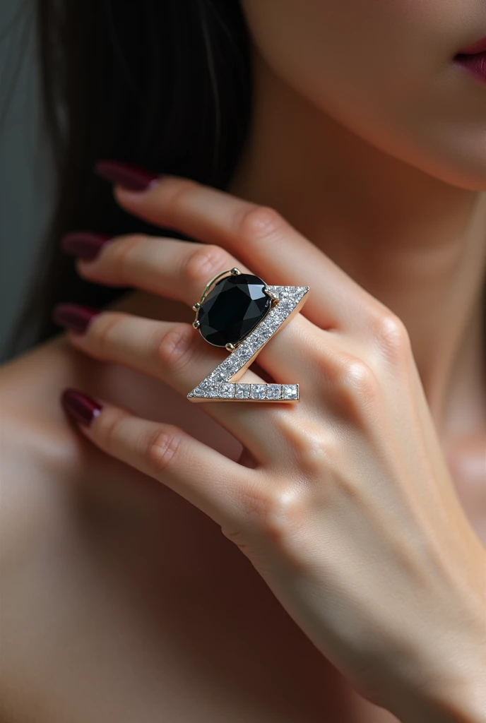 Create a ring on woman finger with black tourmaline and name brand Z in diamond 