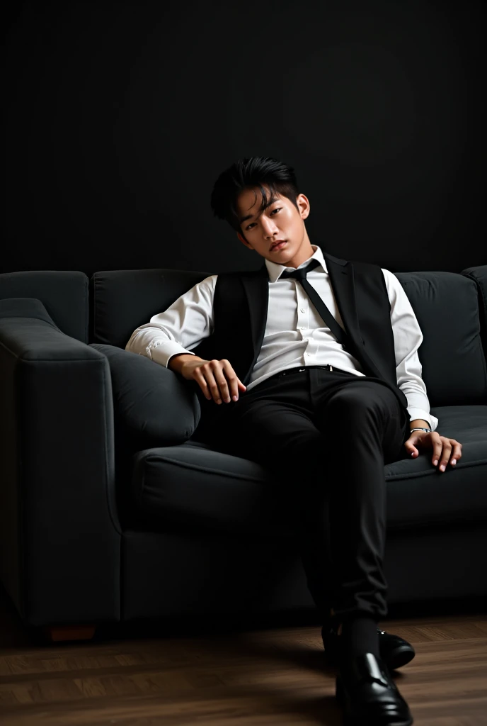 A photo of an asian feminine man on a dark living room, he is laying down, like he is posing for the camera, the man is wearing dark clothes, white social shirt, social vest, black tie, social pants and social shoes, he is skinny, he has gel slicked back b...