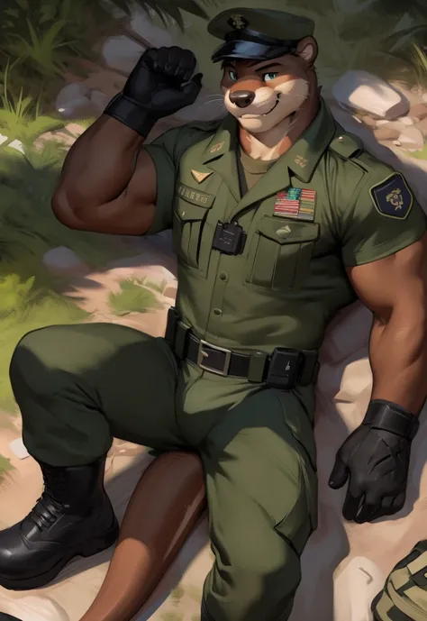 male, anthro, muscle, black green Army uniform , (otter ),​Lying on the floor, marines outfit, marines,boot camp,half length portrait, , by zackary911, chunie, meesh, kiyosan, sigma x, bara, detailed background, smirking,​