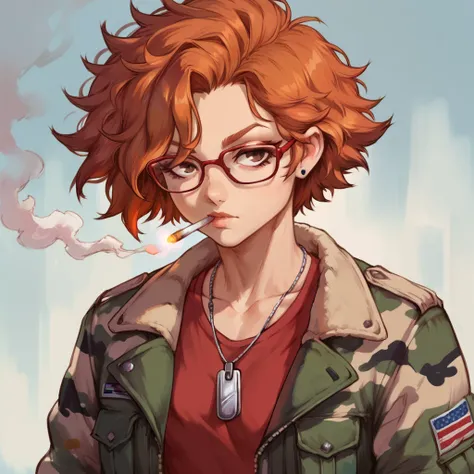 a female tomboy with short boy hair, wearing red glasses, wearing a winter camo jacket, wearing a red shirt, portrait, ginger hair color, brown eyes, camo pattern, wearing dog tags, smoking a cigarette, petite, soft looking, malnourished, drug addict, very...