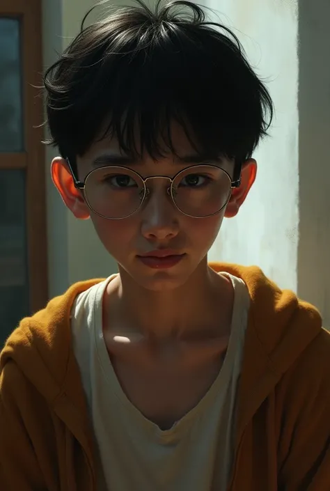 Nobita as a real sensual boy. Wearing clothes and spectacles like Nobita. Realistic image. Cinematic lighting. 