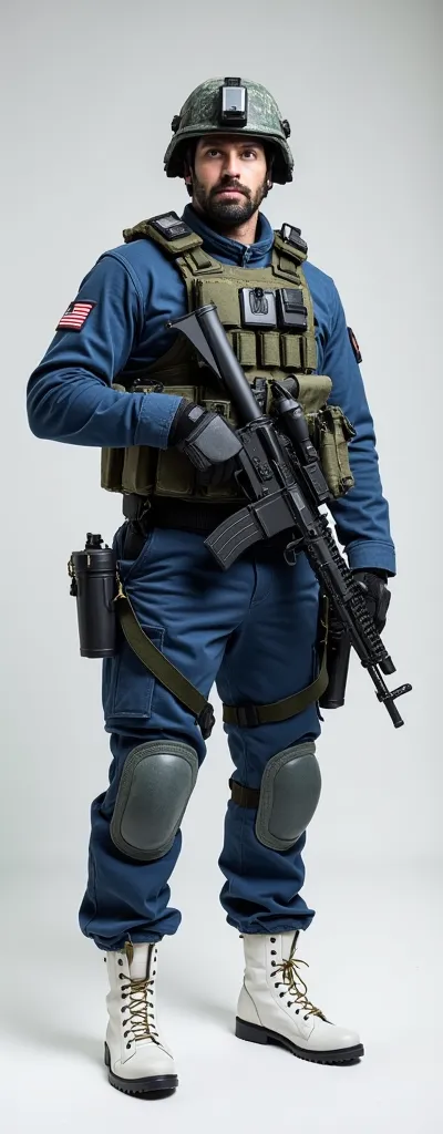 military uniform, blue shirt with pants, white boots, 2014-2015 The guy stands at full height and straight.Stands straight.A type of uniform worn during war or regular service.With weapons and equipment.Dressed inwhite tactical gear.Dressed in advanced com...