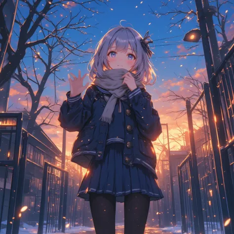 (Front angle, looking at the viewer) A girl wearing a muffler, wearing a dark blue sailor uniform, which is winter clothing. winter, evening, sunset　standing at the school gate 　 beautiful anime style portrait 　 Detailed Portrait of a Beautiful Girl in Ani...