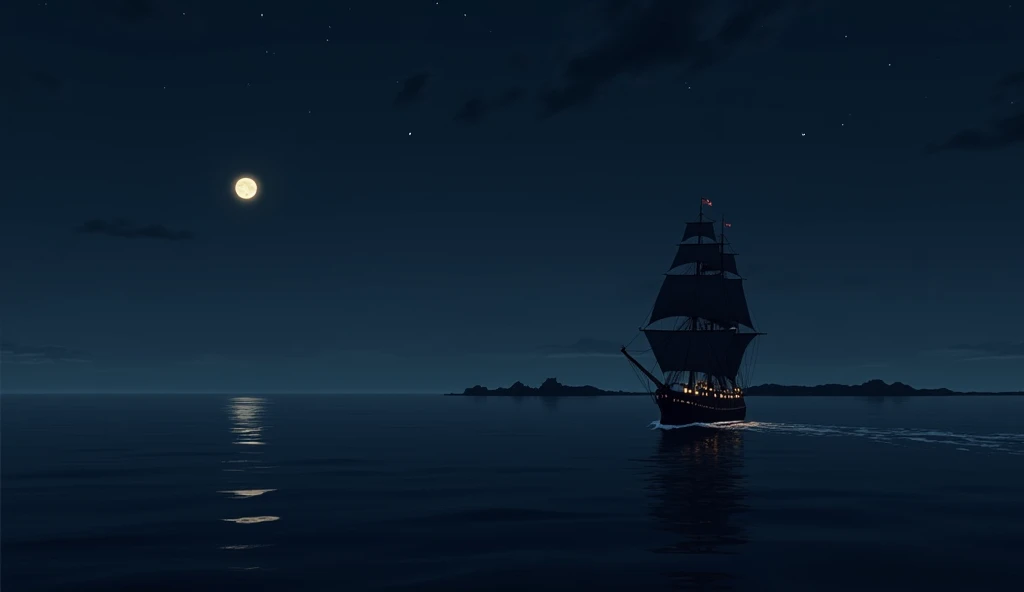 in the year 1780. a British ship is passing near a flat island at night. there is no moon on the sky. style will be anime theme ratio 16:9 