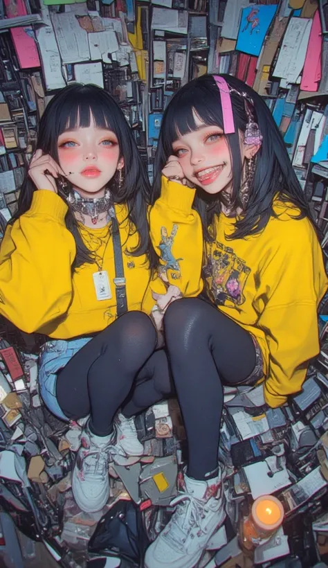  Fisheye Wide Angle   ,   and、 cropped yellow sweater   ,   Fisheye Wide Angle   １  the women of Mori Gatterpunk   ,    wearing leggings and trainers  、表情とアウトフィットteeth 、 teeth、 evoke a pastel core punk aesthetic with bold makeup and accessories,   high ang...