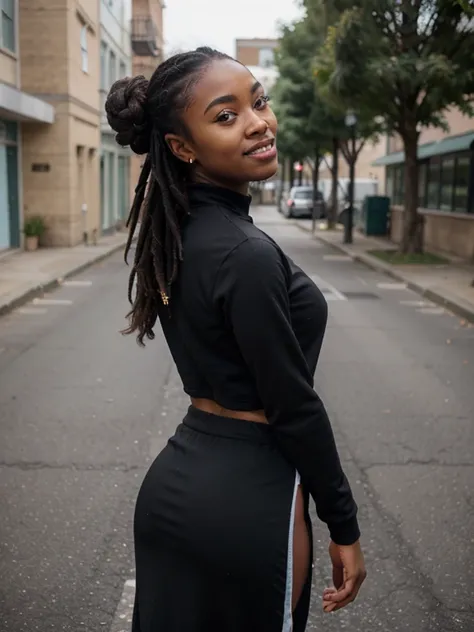 African black woman, very dark ebony skin, Happy, dreadlocks chignon, Fitness musclular body, tracksuit long skirt, close-up portrait, street Block, from face,