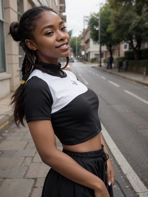 African black woman, very dark ebony skin, Happy, dreadlocks chignon, Fitness musclular body, tracksuit long skirt, close-up portrait, street Block, from face,