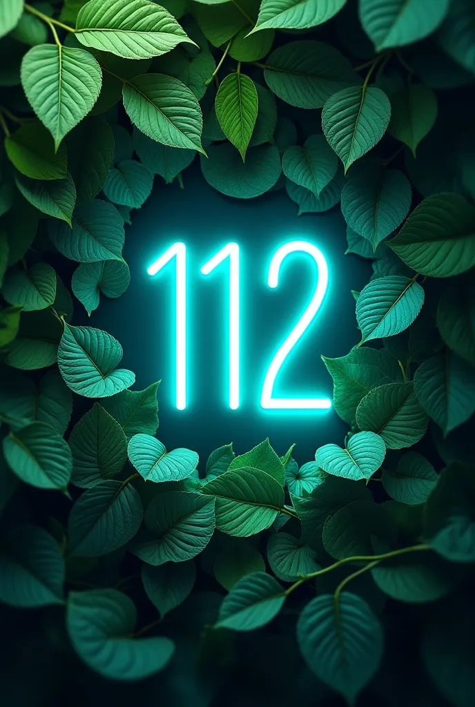 I need a computer wallpaper ,  that contains a background of leaves and that in the middle there is a neon sign with the numbers 112