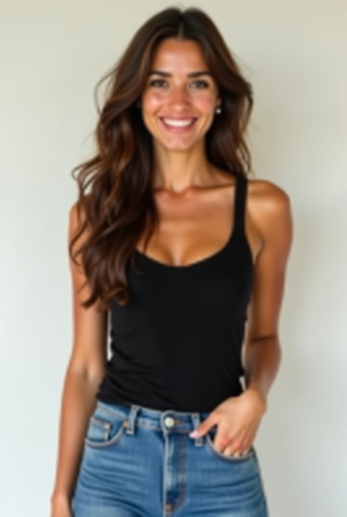 young woman, 25 years old, Brazilian, ((brown hair)), ((wavy hair)), ((triangular face)), wearing t-shirt, ((black t-shirt)), ((tank top)), jeans, ((full body)), ((clean background)),