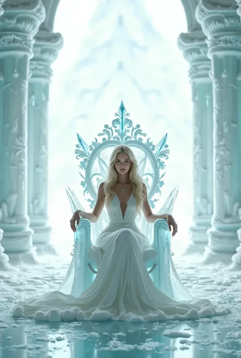 photo of beautiful blond woman 22 yo  in white dress sitting on a throne in a frozen wonderland, sitting on ice throne, on an icy throne, on a throne of crystals, ice queen, the ice queen, nice queen of ice and storm, beautiful ice princess, queen of winte...