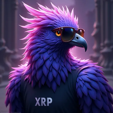 Purple phoenix wears sunglasses ,  wears black t-shirt with XRP inscription