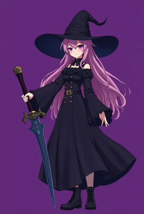 anime girl with a sword and a hat on a purple background, concept art inspired by Hirosada II, tumblr, digital art, black magician girl, beautiful dark magician girl, dark magician girl from yu-gi-oh, marisa kirisame, yami kawaii, pretty sorceress, yugioh ...