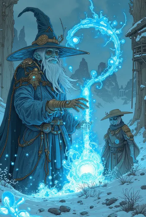   fantasy　 Combine Wizard Gandalf, Dragon Knight Cain, and Golveza, who are releasing strong ice magic from their hands　 use ice magic　 holding a blue crystal and metal wand 　 fantasyの背景　  high image quality　