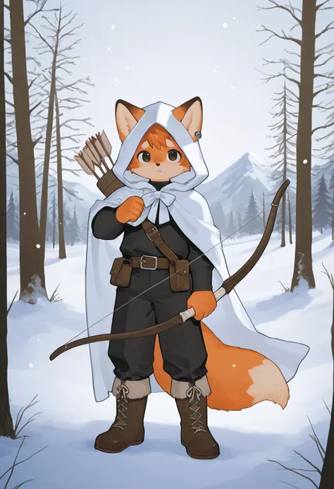 source_ furry， furry male，elementary school students，((boy )),fox boy，fox ears, fox tail, ,short hair， She is wearing a white hooded cloak with a fur stole draped over her shoulders. She has a bow and arrow in her right ， The boy is standing in a snowy lan...