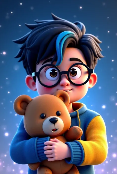 Make an image of a roblox boy with black hair and blue streaks in the front, a blue and yellow sweater, black circle glasses, stars in the background, and he's holding a teddy bear