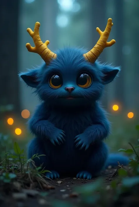  Magical shaggy without a clear outline ,creature, a little round  ,dark blue ,  with big black eyes, yellow horns in the form of branches. short arms ,  legs peek out slightly from below.magic background , forest clearing,  evening twilight ,glowing crick...