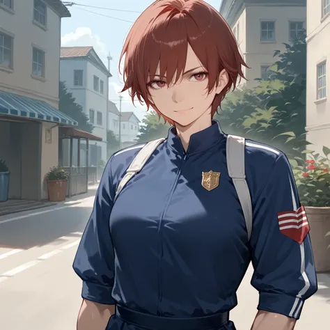 score_9,score_8_up,score_7_up,source_anime,solo,beautiful adult woman,short hair, boyish, muscular, toned body, functional uniform, outdoor clothes, strong eyes, serious expression, soft smile, approachable, rescue team, uniform