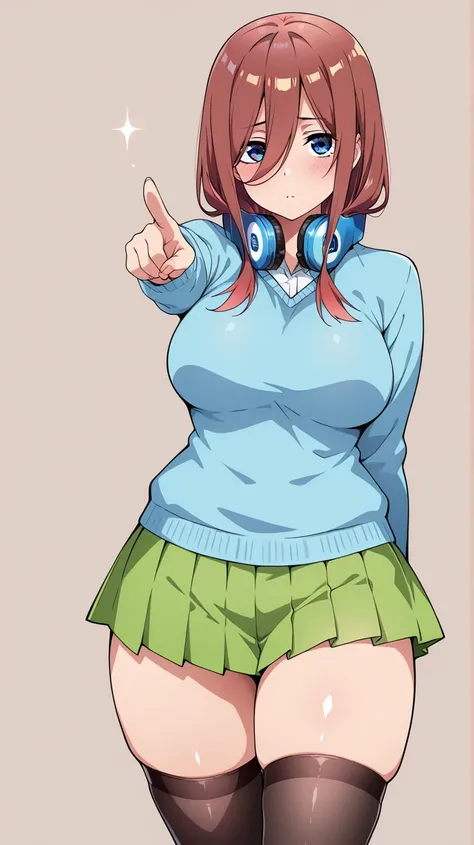 ( masterpiece, the best quality, amazing quality),( official style),  Simple background , latest ,1 girl, miku nakano, The Quintessential Quintuplets , shiny skin,   long hair,Shiny hair, alone,  blue eyes, ,(blue sweater),  Medium Breasts, green skirt , (...