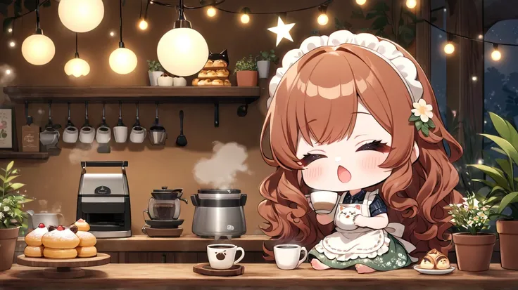 "A charming chibi girl barista in a cozy forest café, brewing coffee with a rustic pot. She wears a vintage-style apron with floral patterns, and her long wavy hair flows gently. The wooden counter is decorated with tiny potted plants, homemade pastries, a...