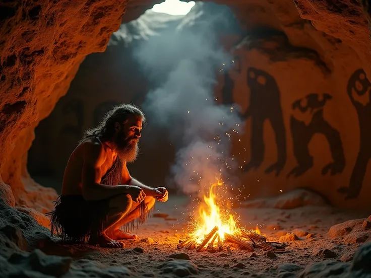 A primal scene in a prehistoric cave: A bearded caveman in animal skins crouches by a newly lit fire, sparks flying from his hands. Glowing flames cast dramatic shadows on rugged cave walls adorned with ancient paintings of mammoths. Smoke swirls upward in...