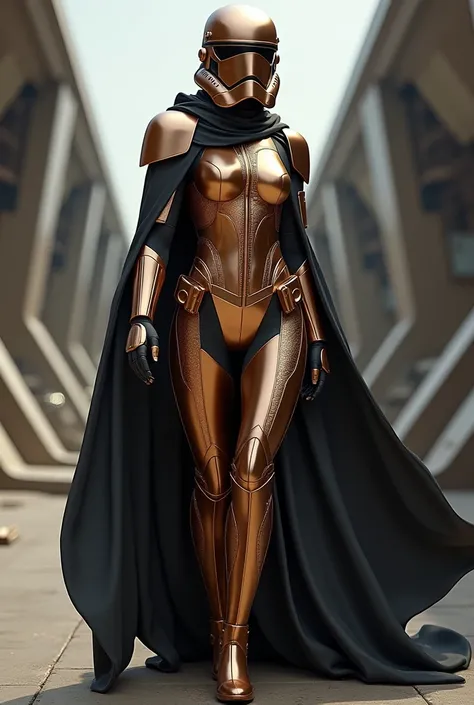 Sexy female stormtrooper (Star Wars), armored leotard, bronze helmet, bronze armor, bronze mask, wearing dark gray cape