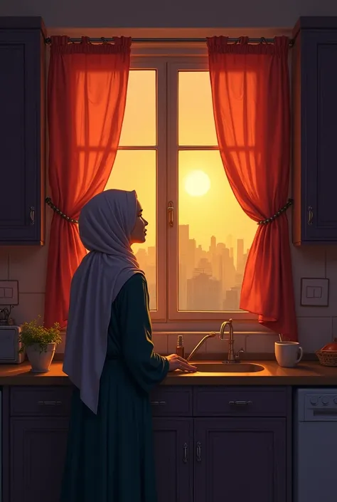 Illustration of the cover of the book  "Behind the Kitchen Curtains " atmosphere outside the cornucopia, depicts a woman in a sharia hijab standing looking at a kitchen window. He looked calm , as if contemplating something ,  while the light of the twilig...