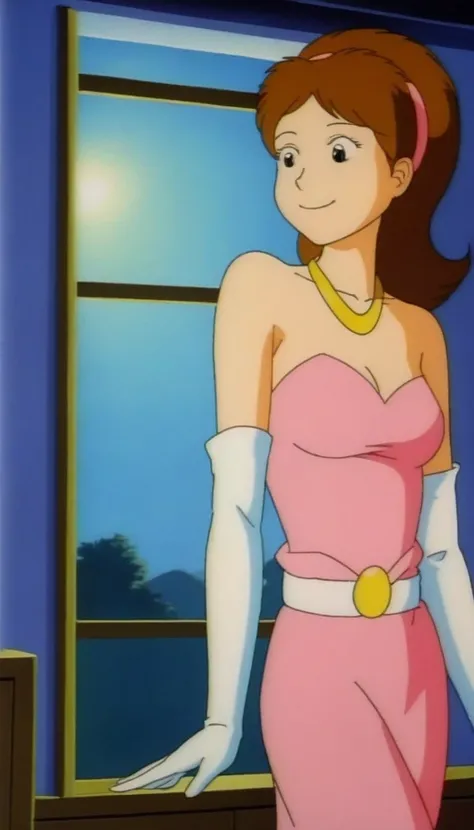 monalisatmnt, brown hair, 1girl, solo, human skins, teenage human girl, pink hairband, black eyes, smile, looking at viewers, golden necklace, strapless, tiara, pink princess dress, white elbow gloves, gold necklace, white belt, cartoon, source_cartoon, lo...