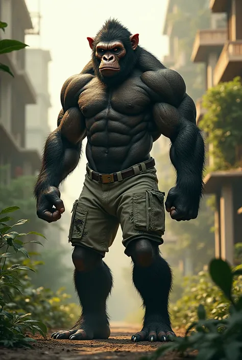 Create an ape with a human body and an athletic body,,very prominent muscles and only with military pants , light ,in a city consumed by nature 