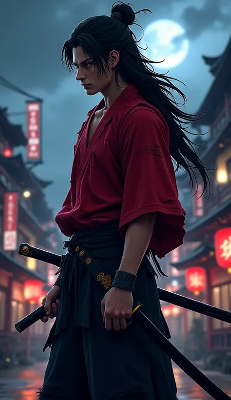 full image of a Japanese warrior man, front and profile view, he wears a red shirt torn by the traces of the battle, he carries a saber-style sword, his hair is long black, his black pants torn by the battle, the shadow of the light reflection makes too mu...