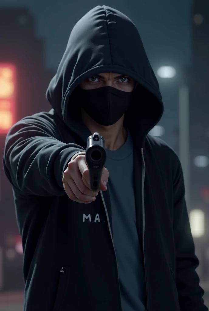  Anime 4d realistic 26 year old man .  Holding a gun forward .  Wearing a black jacket hoodie , wearing topic ,  and wearing a black mask
There is an inscription on the chest"MAS EMON"  NIGHT ATMOSPHERE BACKGROUND . 