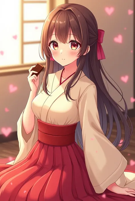 A long-haired, brown-haired anime female figure wearing a cream yukata dress with a red skirt, holding chocolate with her left hand, aged about 20 to 25, during Valentine's Day.