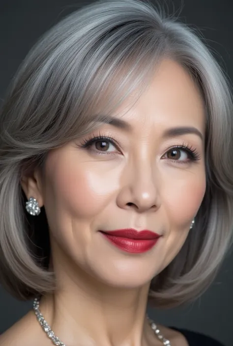 A close-up portrait of a sophisticated 48-year-old Japanese woman with a stylish gray bob haircut. Her silver strands shine with a healthy gloss, embracing her natural beauty. She wears bold and luxurious makeup, featuring deep metallic blue and silver eye...