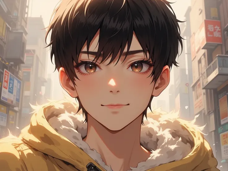 (The young man of today, short black hair shines in a beautiful color,  Smooth Hair , handsome face ,  fresh smooth skin ,  wearing a large soft fluffy beautiful hoodie , from the front diagonal cat's view, smiling e 