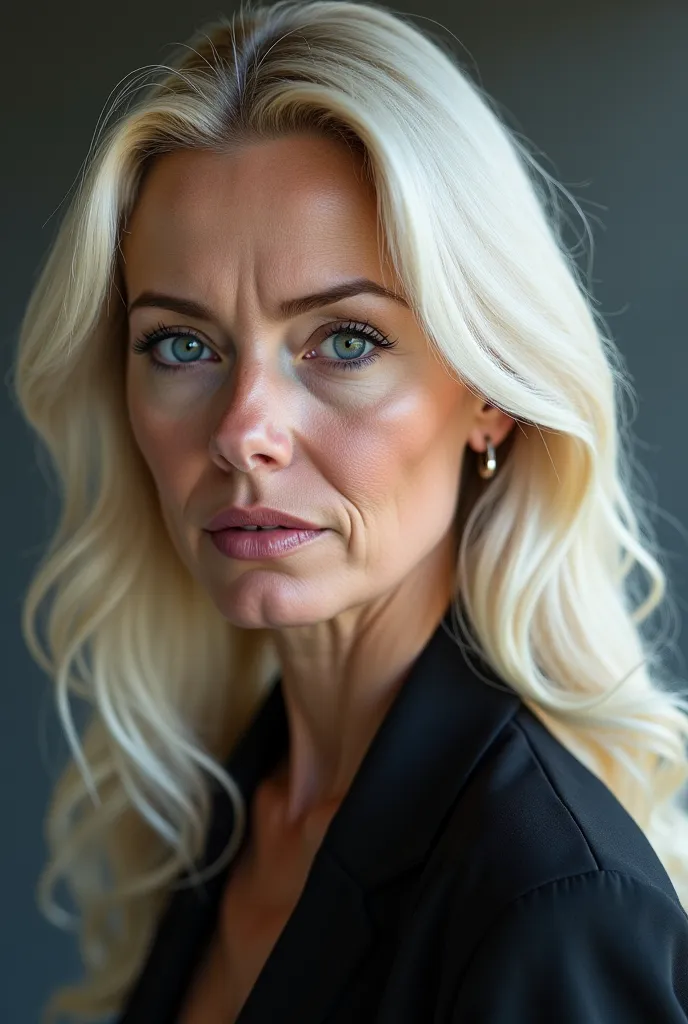 Create a realistic image of an adult 46-year-old American woman,  woman with long, platinum blonde hair,  striking dark blue eyes ,  skin clear and flawless, with a serious and cold face,  A beautiful woman, Nazi-Fascist