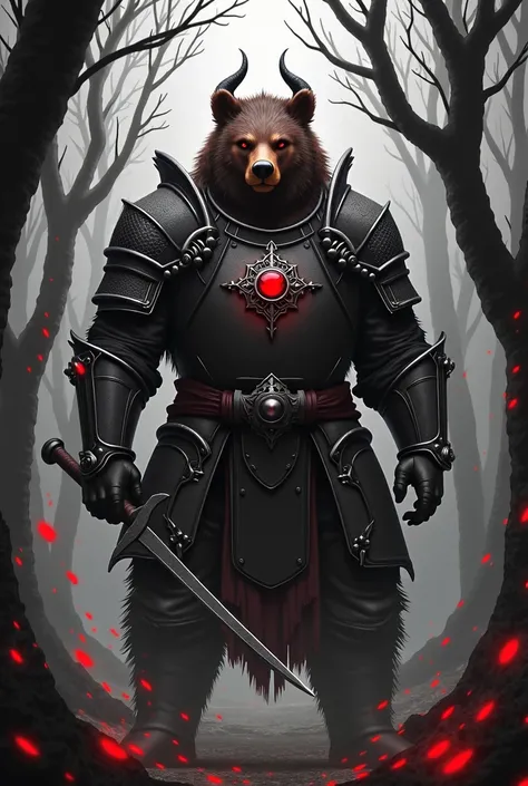 high detail full body front view, high detail one red eyeball brown bear medieval warrior with helmet and armor in a black and white forest, anime style, red particles flying, dark background