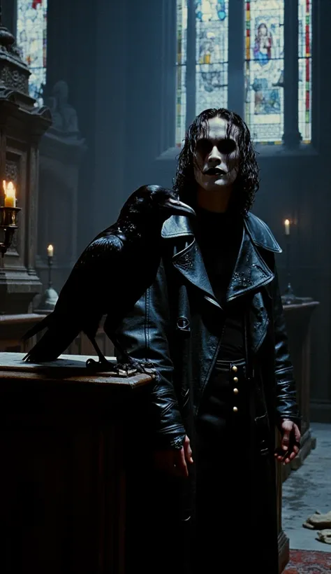  the character "The Crow".  A hyper-realistic cinematic image of The Crow , Brandon Lee, Eric Draven , hyper realistic, High detailed, in a church, crow Fly next to him