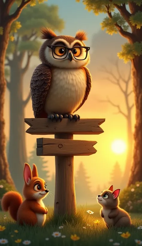 A large wise owl with glasses sitting on a wooden signpost.

Tutu( a big squirrel)and Mimi( a small cat)standing below, looking up curiously.

The signpost has arrows pointing in different directions.

The background shows a sunset, making the forest glow ...