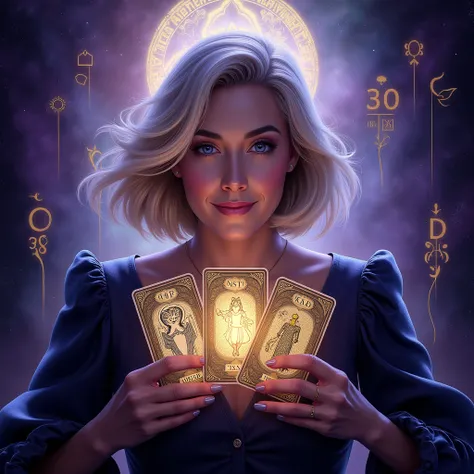  Mystic portrait of a middle-aged woman.  A woman has blond hair , Oval face shape, bob hairstyle,  deep view,  Mysterious smile . She has three Tarot cards in her hands - a man hanged by the leg, mermaid, emperor. Background - Space, stars, numbers. Color...