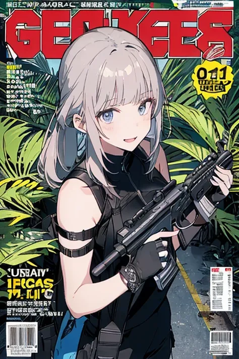 (best quality ), a girl have one rifle with her hand , Platinum color hair , The dreamer wants purplish blue eyes , medium , Lori will do it, (masterpiece:1.2, best quality ), (Beautiful detailed depiction : 1.2), ( beautiful detailed face ), ( small Breas...