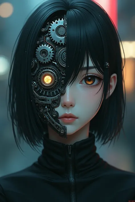 An anime girl with half of her face made of mechanical gears and metal