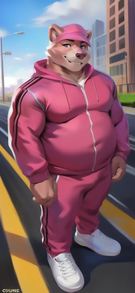   alone , Male tall  ,model, stand, road,Pink bear, pink Tracksuit soldier ,  Overweight  ,   tie the muscles, Smiling by chunie 