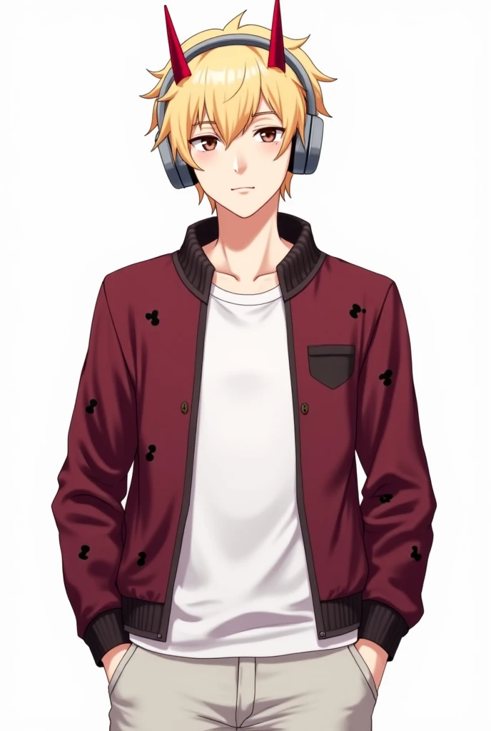 Create a man , with light blond hair ,  brown eyes,  white shirt pants, wine red jacket with faded black spots that are not too noticeable, Horns red wine , gray headphones on the head, anime