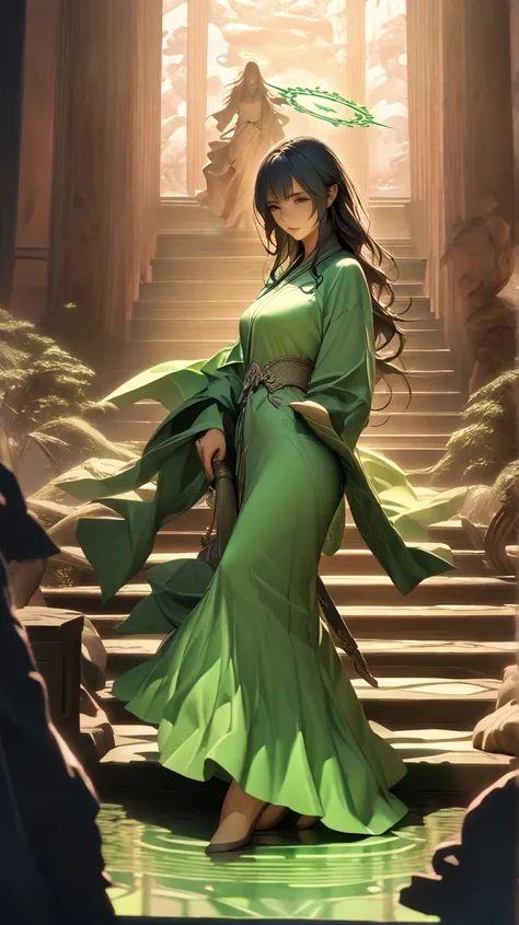 “A beautiful long-haired fairy woman wearing a traditional Chinese robe, holding a large sword, walks in the darkness with grace and wisdom. She walks forward on the green marble stairs, each step illuminating the steps. The atmosphere is mysterious and in...