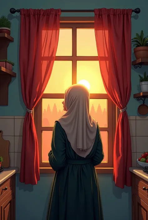 Illustration of the cover of the book  "Behind the Kitchen Curtains " atmosphere outside the cornucopia,  depicts a woman in a sharia hijab standing in the kitchen, Peering towards the window . He looked calm , as if contemplating something ,  while the li...