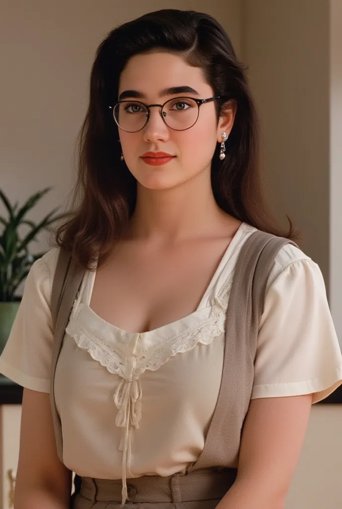 (masterpiece,  best quality:1.3),  photorealistic,  upper body shot,  Jennifer Connelly at age 15, various neat school girl outfit and cute smile, fair skin, blushed cheeks, large breasts, small waists, wide shoulders, slender necklines, girly glasses, 