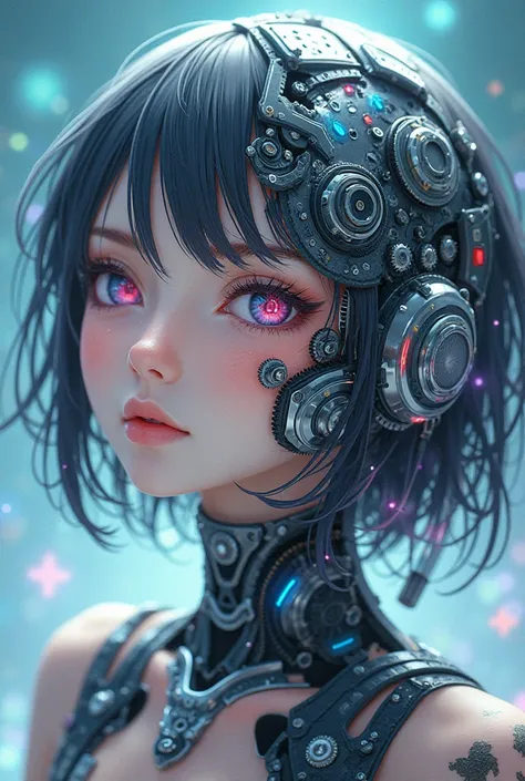 An anime girl with half of her face made of mechanical gears and metal, anime style