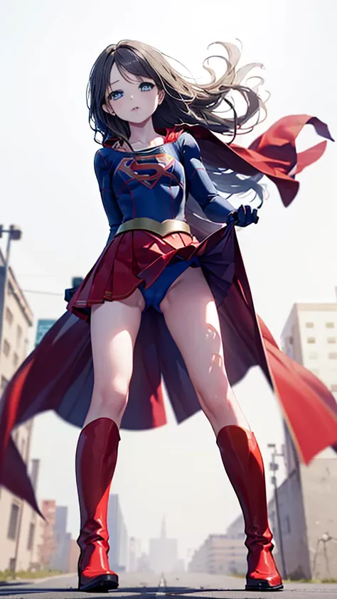 (full body), ( Masterpiece:1.2), (Highest_ quality:1.2), ( narrower _  Details:1.3), 8k, low angle，from below，Big Butt Girl,  medium chest, Pose in front,Bare legs， red boots， 3d rendering,(  supergirl)，  black hair， long hair， blue eyes， red skirt， skirts...