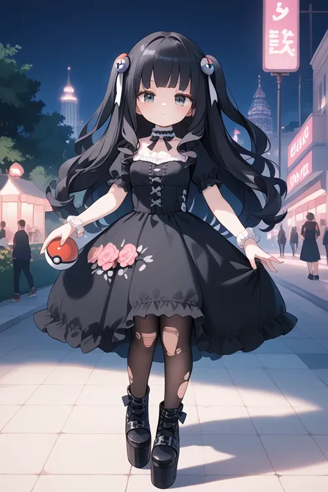 young woman, fullbody shot, lolita_fashion, goth girl, black dress, wedge platform boots, torn leggings, long hair,  black hair, sleepy eyes, sexy standing pose, holding pokemonball on hand, showing pokemonball, around the city's park, at night, looking at...